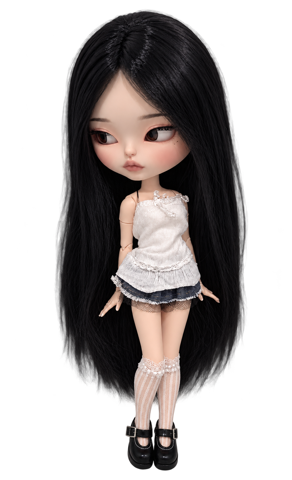 Blythe doll with long black hair, a white lace top and black shoes