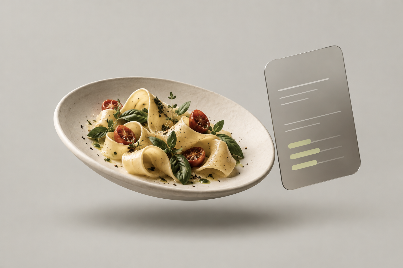 Stylized floating ceramic pasta plate and a glass recipe card in warm gray, cream, and muted lime